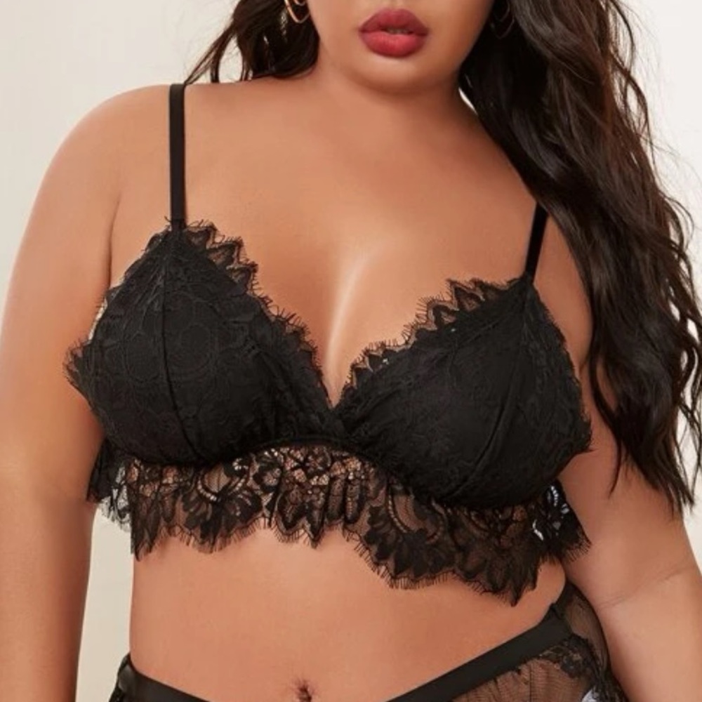 NEW! Black Eyelash Floral Lace Shein Lingerie / Bralette (1X)